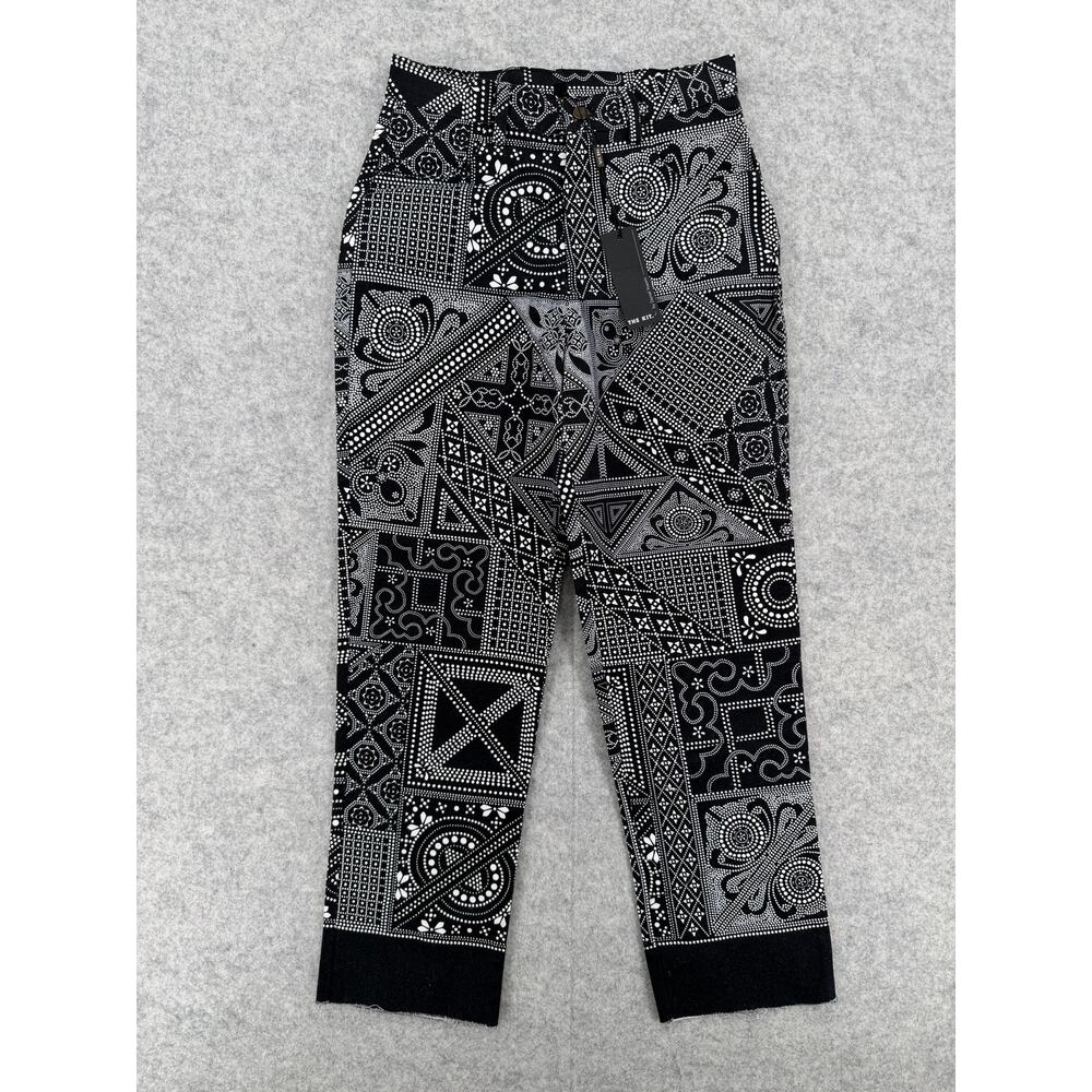 NWT The Kit. Cropped Black Batik Alexa Jeans Black/White Abstract Print Size 0